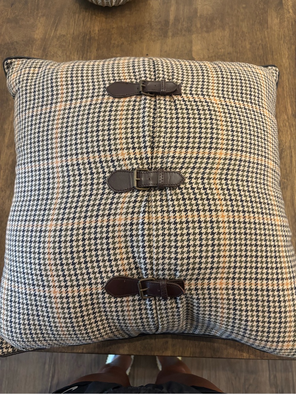 American Living Brown Leather Buckle Houndstooth Throw Pillow